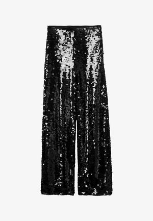 Black wide-leg sequined trousers featuring a pattern of silver sequins for a shimmering effect, with a smooth waistband design.
