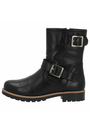 Bottines en cuir noir avec une texture lisse, des accents de boucle en argent et une semelle robuste avec un petit talon.