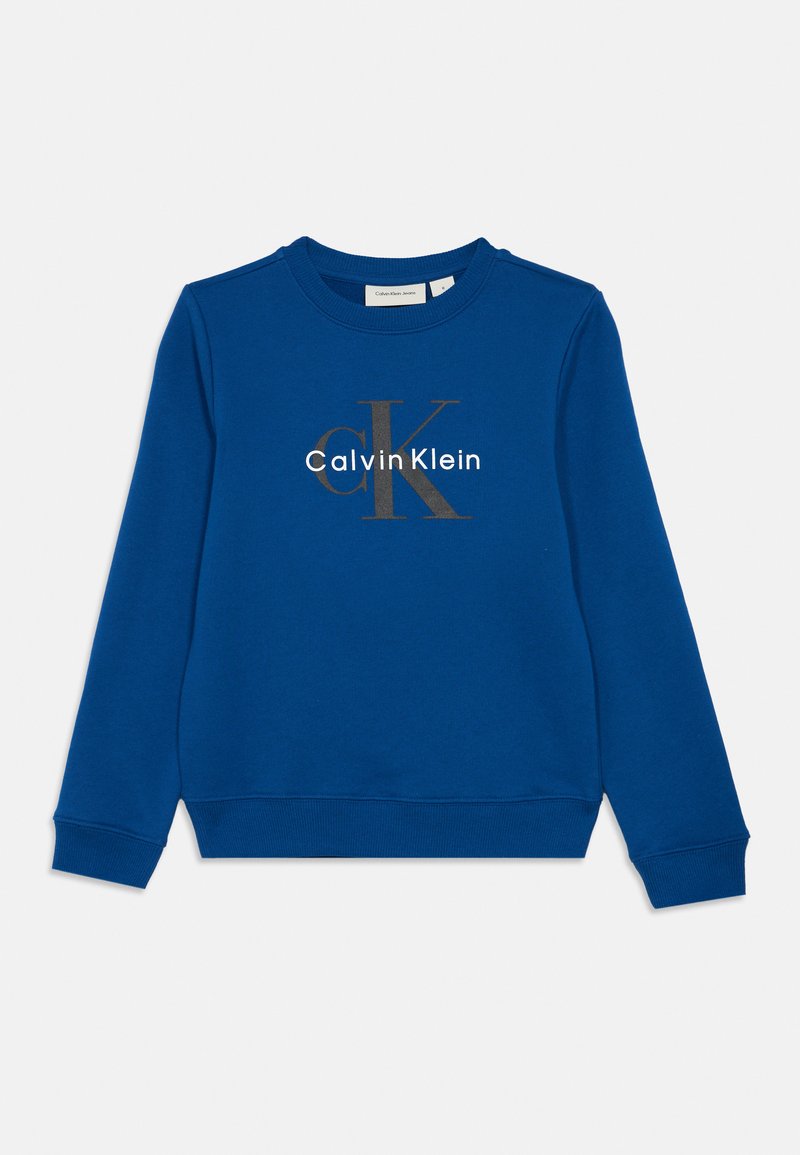 Felpa blu in cotone con collo rotondo, maniche lunghe e una grafica frontale in bianco e bronzo con il logo e le lettere "Calvin Klein".