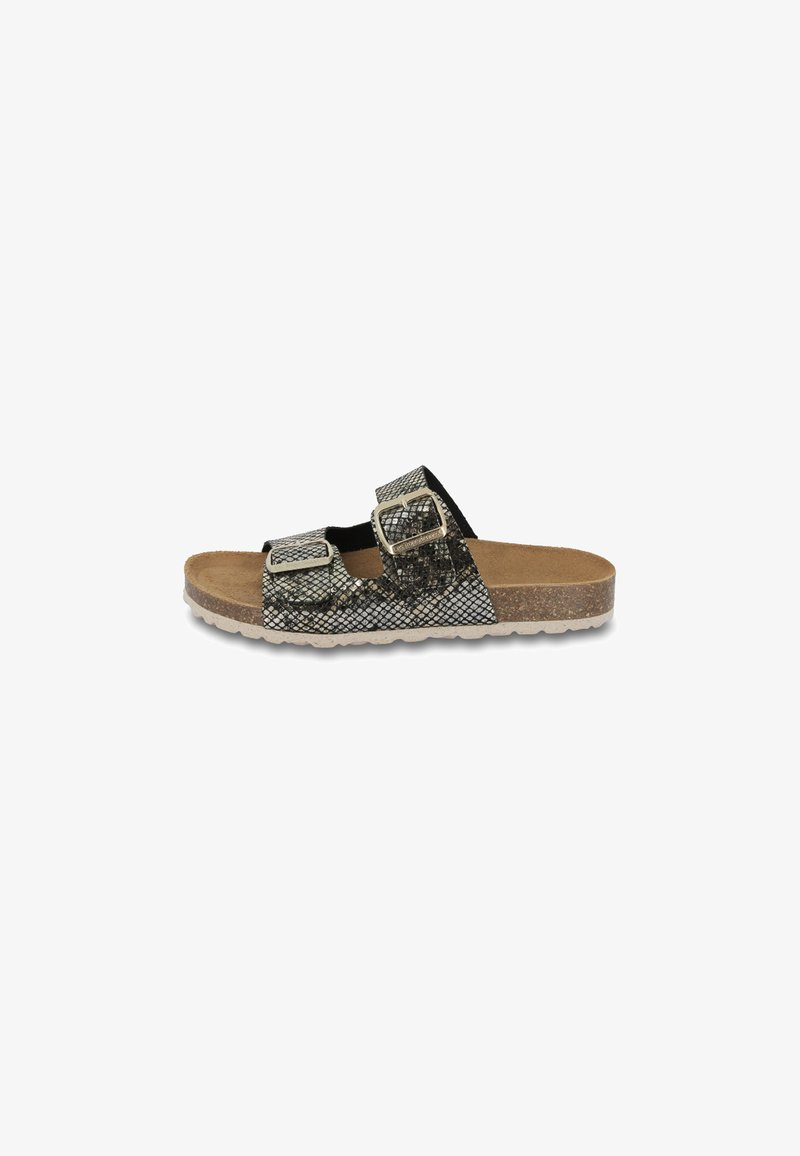 Black and gold snake-print slide sandals with two adjustable straps, cork footbed, and a textured rubber sole.
