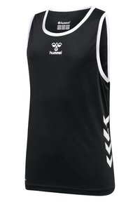 Svart Hummel ärmlös atletisk tanktopp med vit kant, med en logo på bröstet och vita chevronmönster längs sidan. Lättviktsmaterial.