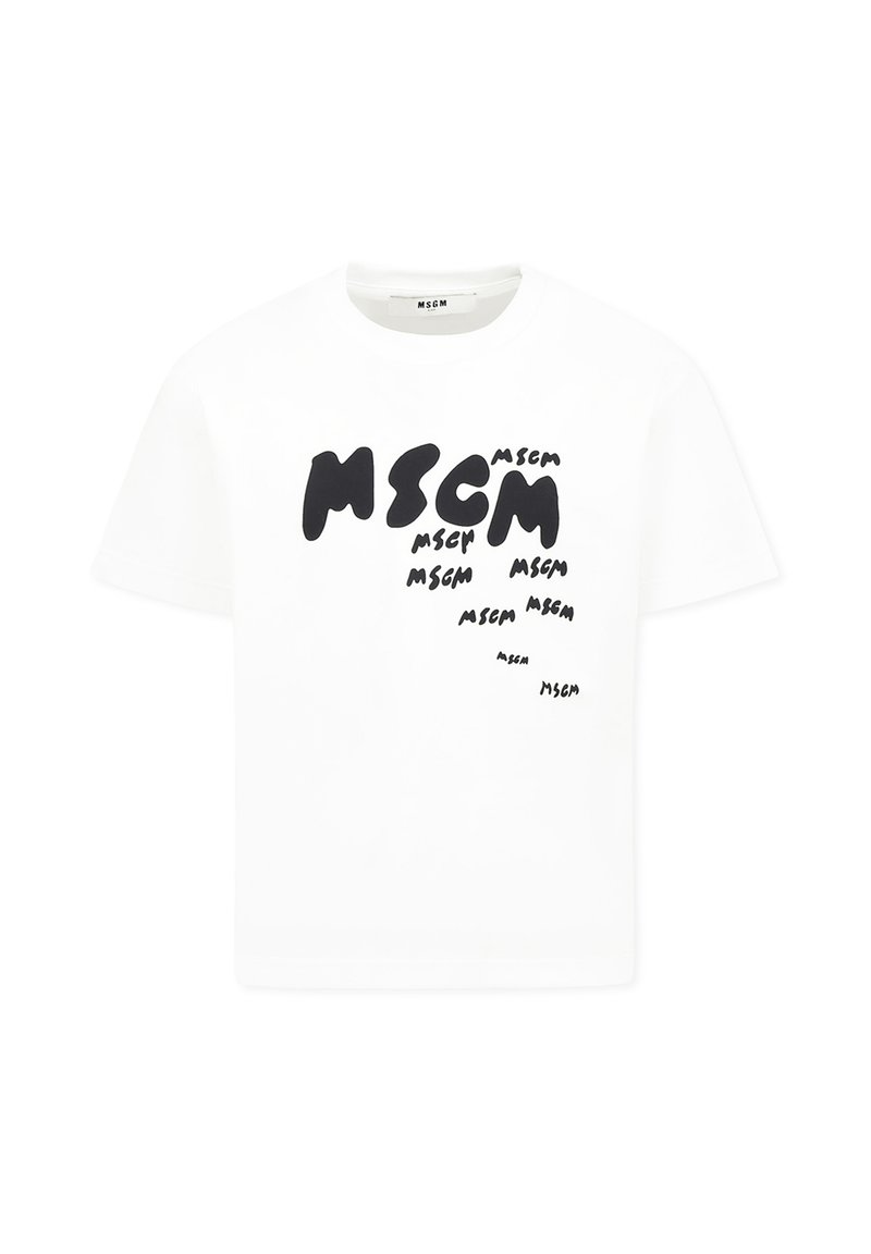 T-shirt bianco in cotone con testo grafico nero "MSGM" di varie dimensioni e orientamenti sulla parte anteriore. Maniche corte e scollatura rotonda.