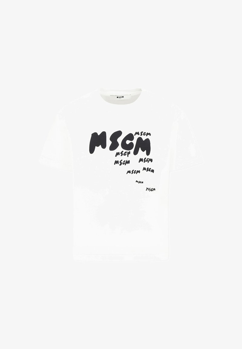 T-shirt bianco in cotone con testo grafico nero "MSGM" di varie dimensioni e orientamenti sulla parte anteriore. Maniche corte e scollatura rotonda.