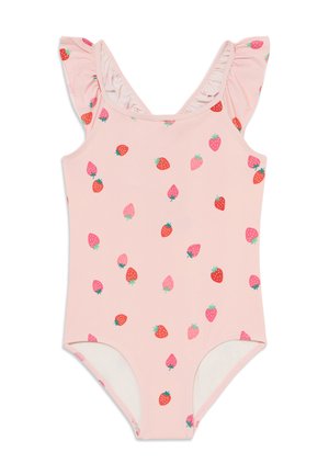 Pink swimsuit with a fruity strawberry print, featuring ruffled sleeves, a scoop neck, and a fitted design. Smooth fabric texture.