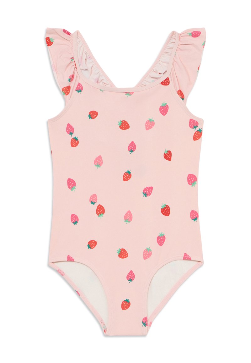 Roze zwemkleding met een fruitig aardbei-prints, voorzien van gerimpelde mouwen, een ronde hals en een nauwsluitend ontwerp. Gladde stoftextuur.
