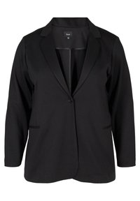 Blazer nero realizzato in tessuto liscio, con chiusura a singolo bottone, rever a taglio e due tasche frontali. Vestibilità su misura con maniche lunghe.