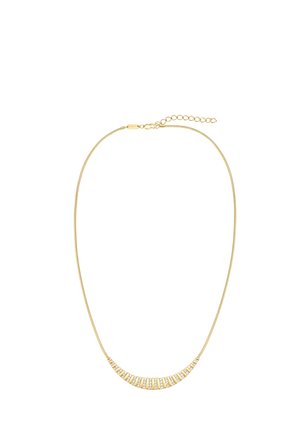 Gold chain necklace with small vertical bars studded with white stones hanging evenly from the center.