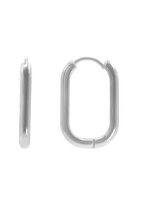 Boucles d'oreilles en métal argenté présentant un design élégant et allongé. Une boucle d'oreille est ovale, tandis que l'autre a une forme rectangulaire plus fine.