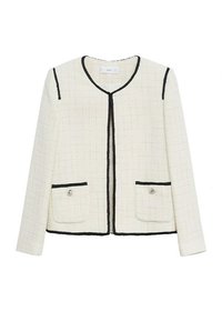 Veste en tweed blanc avec bordure noire, encolure ronde et deux poches avant. Éléments en métal argenté sur les rabats des poches. Finition texturée.