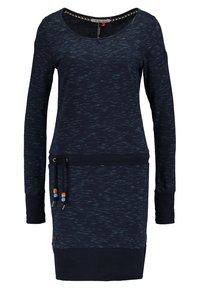 Robe bleu marine à manches longues avec de subtiles taches plus claires, encolure ronde et cordon décoratif avec perles en bois à la taille.