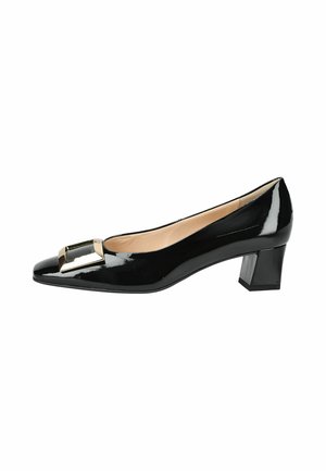 Décolleté in pelle verniciata nera con tacco basso, fibbia quadrata dorata sulla punta a punta e fodera interna beige.