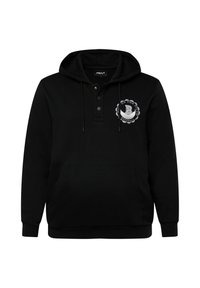 Felpa nera con cappuccio, tasca frontale, cordoncino e pattina con bottoni. Presenta un logo stampato sul petto in bianco e grigio. Tessuto morbido.
