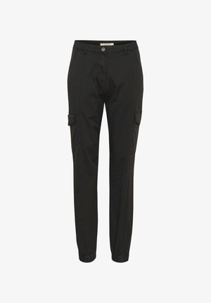 Pantaloni cargo neri con vestibilità rilassata, polsini elasticizzati, diverse tasche laterali e chiusura con bottone in vita. Realizzati in tessuto leggero.