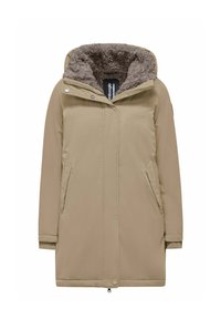Beige lange winterjas met een capuchon gevoerd met zachte bruine fleece, vooraan met rits en drukknoopjes, en twee zijzakken.