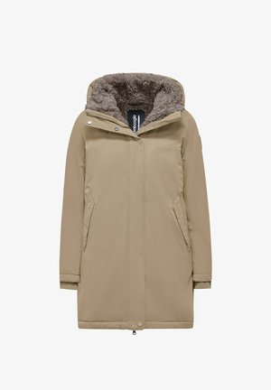Beige lange winterjas met een capuchon gevoerd met zachte bruine fleece, vooraan met rits en drukknoopjes, en twee zijzakken.