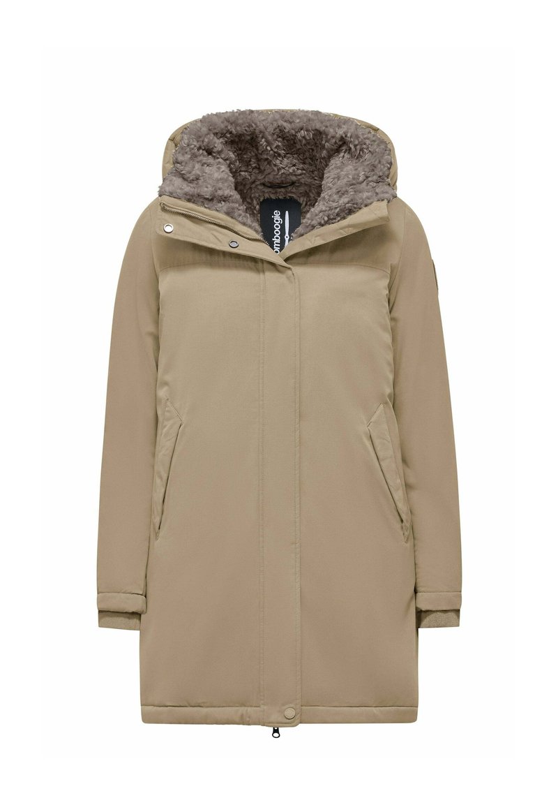 Beige lange winterjas met een capuchon gevoerd met zachte bruine fleece, vooraan met rits en drukknoopjes, en twee zijzakken.