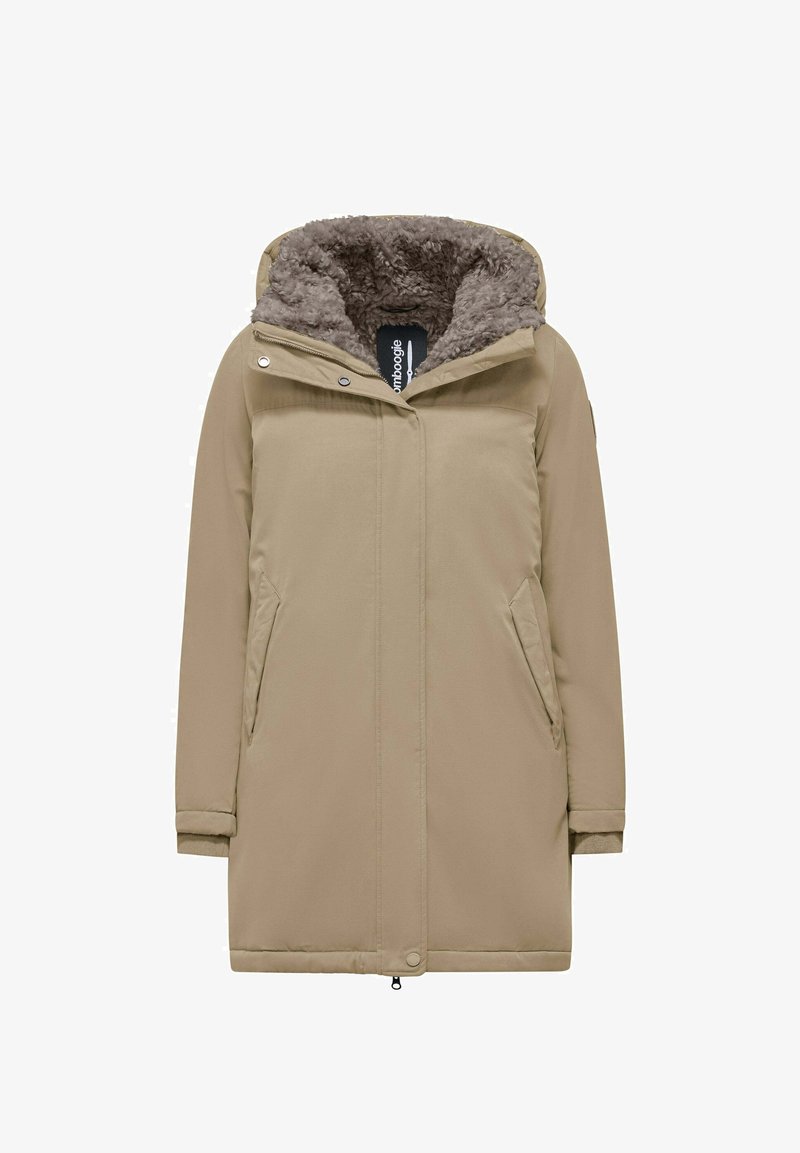 Beige long winter coat with a hood lined in soft brown fleece, front zip and snap buttons, and two side pockets.