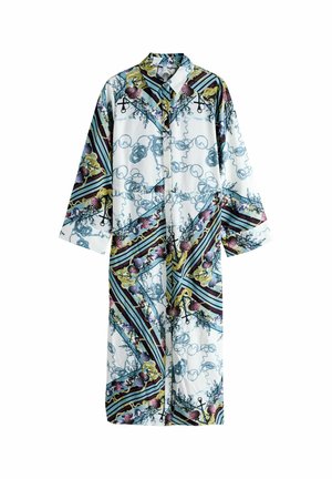 Dlouhý župan na knoflíky z lehké látky s barevným motivem moře s mušlemi a vířícími linkami na bílém pozadí.