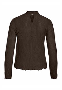 Blouse noire en dentelle à manches longues avec ourlet festonné et fermeture à bouton avec ouverture en forme de trou de serrure à l'arrière du col.