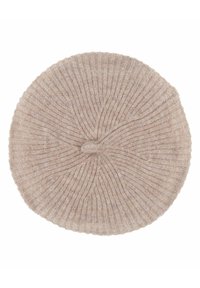 Beige knit beret with a textured ribbed pattern, circular shape, and a small button detail at the top center. Soft wool blend.