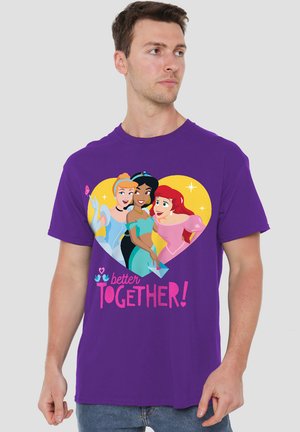 Purple cotton t-shirt featuring animated princesses inside a heart, with the text “better TOGETHER!” in pink. Graphic print, short sleeves.