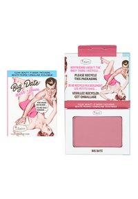 Big Date blush dans un compact rose. Présente une texture lisse, une teinte rose vive et des illustrations rétro sur un emballage bleu et rose.
