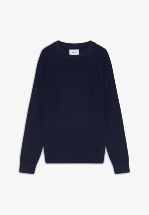 Pull en maille côtelée bleu marine à manches longues avec col rond et poignets ajustés, à plat sur fond blanc.