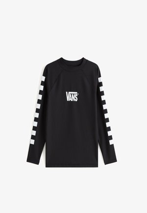 Czarna koszula z długim rękawem wykonana z gładkiej tkaniny, zdobiona białym logo Vans na piersi oraz naprzemiennym wzorem czarno-białej szachownicy na rękawach.
