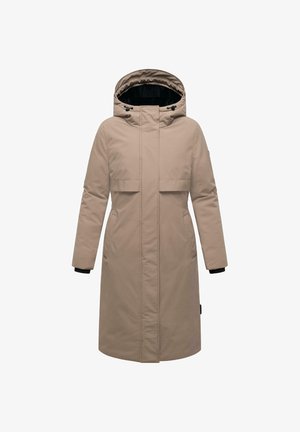 Beige parka jacket with a hood, long sleeves, front pockets, and a zip closure. Textured fabric and inner lining visible.