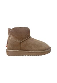 Stivaletti in suede marrone con punta tondeggiante e cucitura, dotati di suola in gomma e una piccola linguetta sul retro.