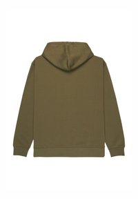 Sweat à capuche vert olive en tissu mélangé coton, avec une capuche spacieuse, des poignets et un ourlet côtelés. Texture lisse avec des détails de design minimalistes.