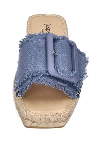 Denim blue slip-on sandal with frayed fabric strap and blue buckle, jute-wrapped platform, and a smooth beige insole.