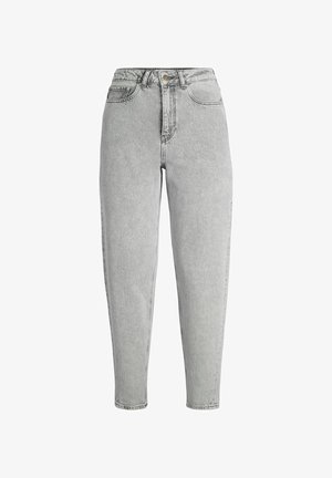 Wysokiej talii jasnoszare jeansy z denimu z przednim guzikiem, zamkiem błyskawicznym i pięciokieszeniowym wzorem, zwężanymi nogawkami oraz widocznymi detalami szwów.