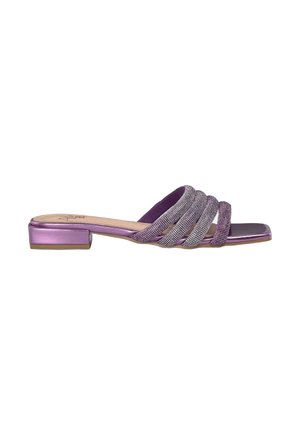 Purple sandal with three braided straps, embellished with rhinestones, featuring a low block heel and a smooth metallic finish.