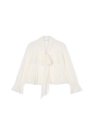 Blusa bianca con chiusura a fiocco, strati arricciati, maniche lunghe con polsini svasati e una texture in tessuto liscia e leggera.