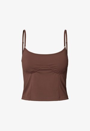 Top corto marrone con spalline sottili regolabili, caratterizzato da un design aderente, tessuto morbido e dettagli arricciati nella zona del busto.