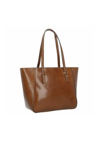 Borsa a spalla in pelle marrone con texture liscia, due manici lunghi e forma strutturata. Caratterizzata da cuciture minime e un design pulito.