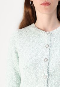 Mint green textured cardigan with round neckline, embellished with four pearl-like buttons, featuring a soft, fuzzy fabric.