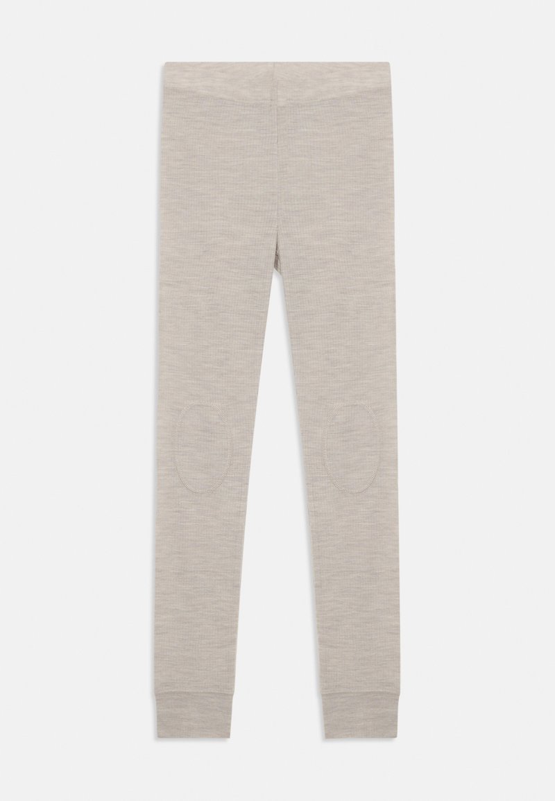 Grey leggings with a smooth texture, featuring knee patches and tapered cuffs. Made from a soft, stretchy fabric.