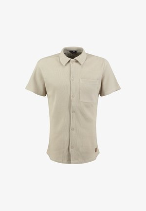 Beige kurzärmliges Text-Shirt mit Knopfleiste, einer Brusttasche und einem klassischen Kragen.