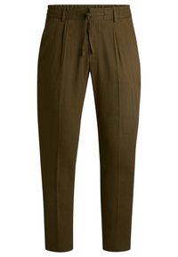 Olive green tapered trousers made of lightweight fabric, featuring an elastic waistband with a drawstring and front pleats for added detail.