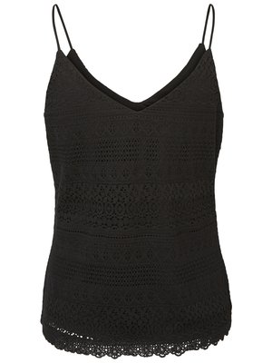 Black camisole featuring a v-neckline with adjustable straps, textured lace design, scalloped hem, and layered appearance.
