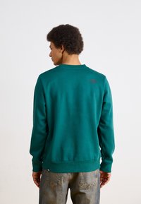 Teal genser med ribbestrikkede mansjetter og kant. Baksiden har en liten svart logo. Stoffet ser glatt ut og er i en ensfarget utførelse.