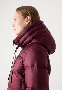 Bordeaux kleurige pufferjack met een hoge, gevulde kraag. Voorzien van een ritssluiting, trekkoordcapuchon en een glanzende, gladde textuur. Subtiele logo-details.