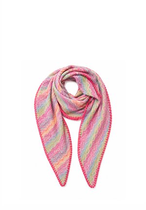 Dreieckiger gestrickter Schal mit rosa, gelben, grünen und blauen Zickzackstreifen und einer rosa wellenförmigen Kante, locker zu einer Schlaufe gelegt.