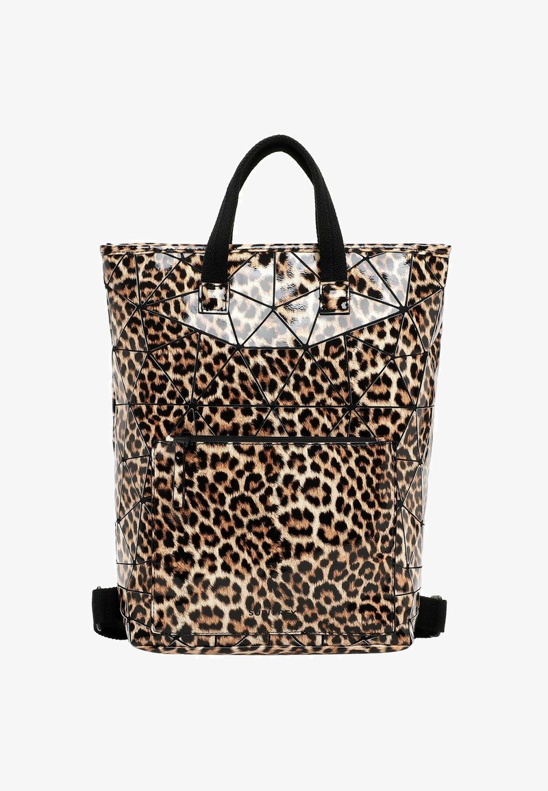 Leopardenmuster-Tasche aus glänzendem Material, mit einem geometrischen Design und schwarzen Akzenten, zwei stabilen Griffen und einer vorderen Reißverschlusstasche.