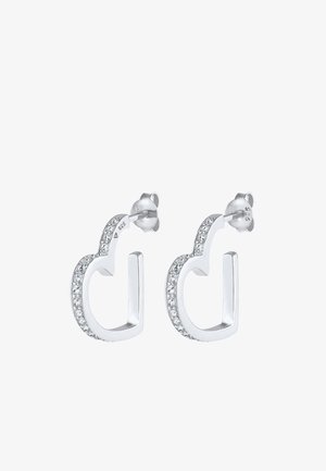 Silberne Creolen mit einem geschwungenen Design, verziert mit kleinen klaren Kristallen entlang einer Kante. Hochglänzende Oberfläche, sichere Steckverschluss.