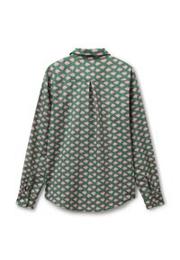 Camicia verde a maniche lunghe con un motivo floreale rosa ripetuto, colletto e una piega sul retro per un tocco di stile in più. Tessuto di una texture liscia.