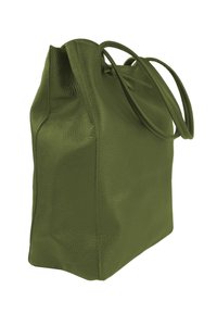 Groene leren totebag met een getextureerd oppervlak, twee handvatriemen en een rechthoekige vorm. Geen zichtbaar beslag of versieringen.
