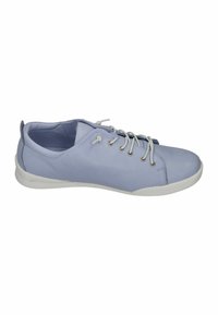 Light blue leather sneaker with white rubber sole, featuring six eyelets, round toe, and flat laces. Smooth texture with minimal accents.